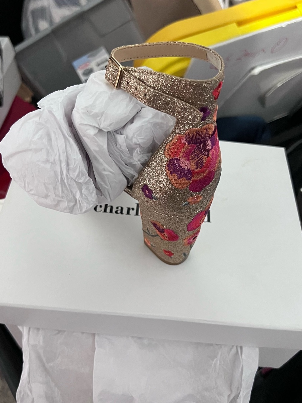 Gold Floral Embroidered Ankle-Strap Platform Heel